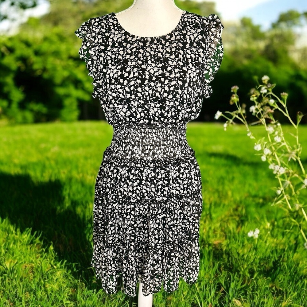 Altar’d State Black & White Floral Print Tiered Ruffle Smocked Waist Mini Dress